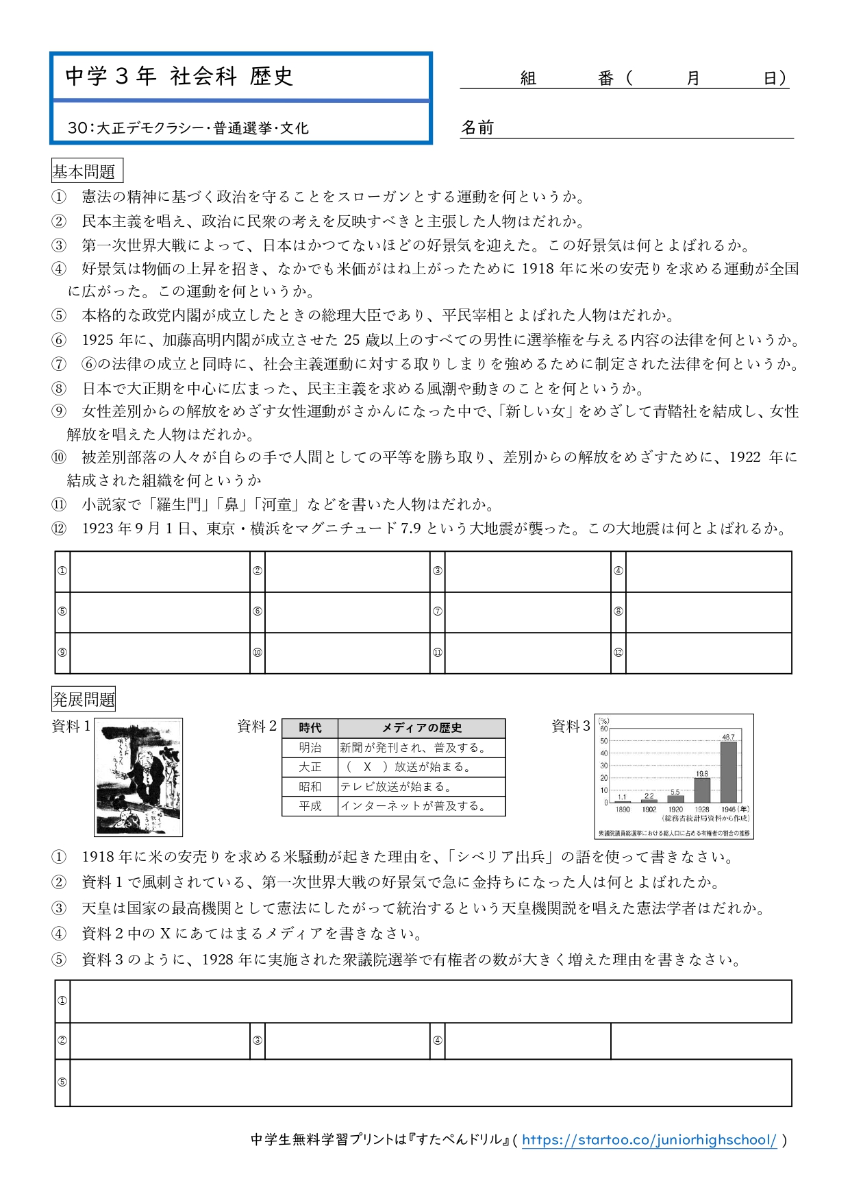 中3社会「大正デモクラシー・普通選挙・文化」プリント| 無料ダウンロード・印刷